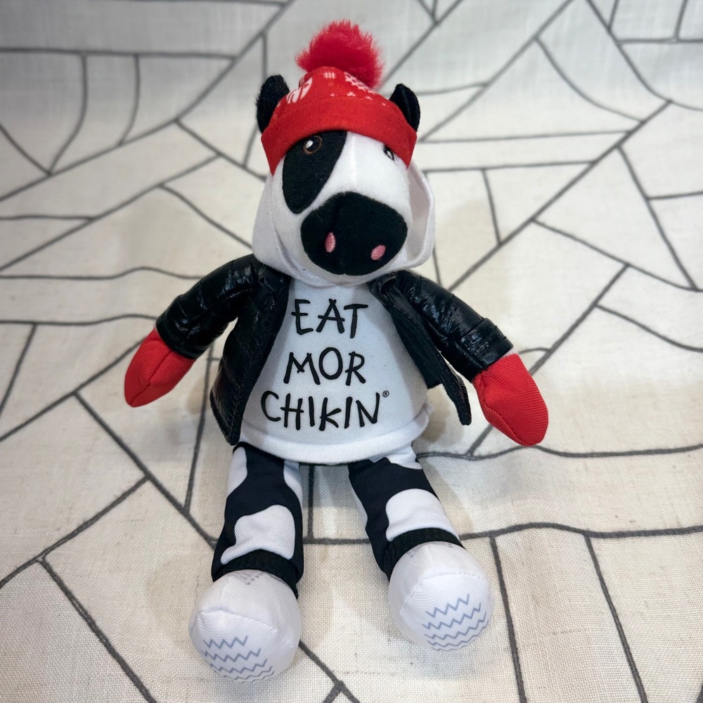 Chick-fil-A Plush Cow 9" Black Red Eat Mor Chikin Winter Puffer Jacket Beanie